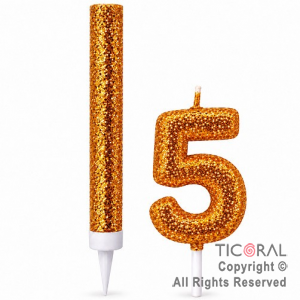 SET BENGALA Y VELA NUMERAL NUMERO 5 CON GIBRE ORO